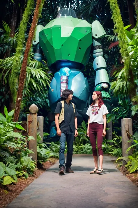 (In 8K、Highest quality、masterpiece:1.2)、(Realistic、Photorealistic:1.2)、Two people standing in front of a giant robot, Vacation Photos, At Disney, Ghibli Studio, Next to some exotic plants, himeji rivendell garden of eden, With two letters, With magical cre...