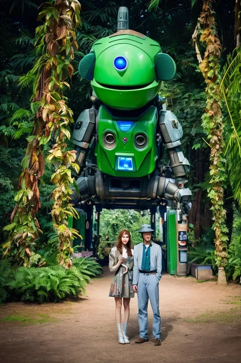 (In 8K、Highest quality、masterpiece:1.2)、(Realistic、Photorealistic:1.2)、Two people standing in front of a giant robot, Vacation Photos, At Disney, Ghibli Studio, Next to some exotic plants, himeji rivendell garden of eden, With two letters, With magical cre...