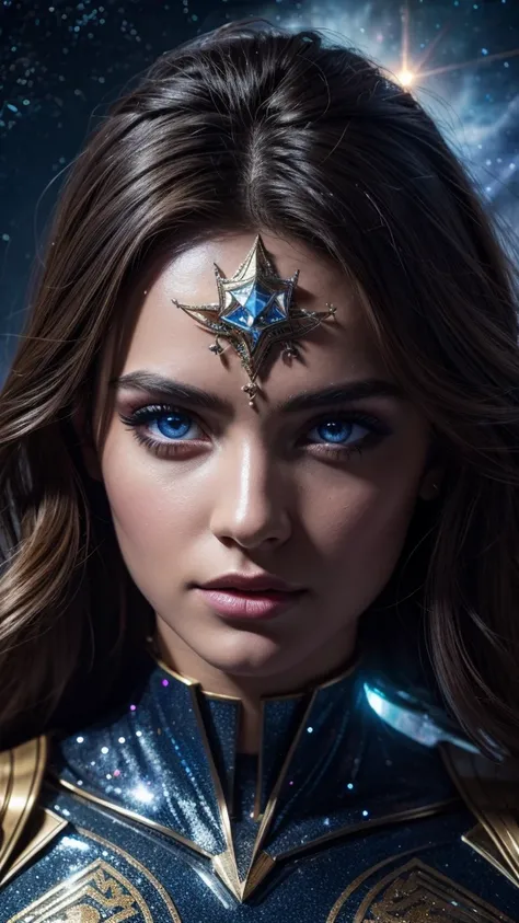 A celestial superhero in a shimmering suit adorned with constellations, able to manipulate stars and cosmic bodies, 1girl,beautiful detailed eyes,beautiful detailed lips,extremely detailed face and eyes,longeyelashes,cosmic powers,celestial theme,starry ni...