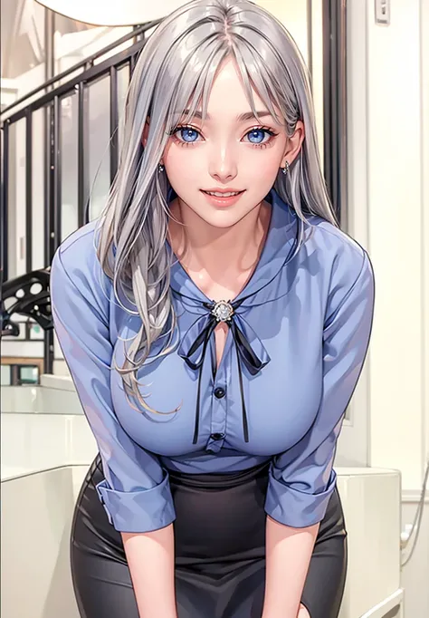 Masterpiece, high quality, best quality, ultra detailed, high resolusion, 1girl, beautiful, upper body, smiled, open mouth, looking at viewer, silver hair, blue clothes, black mini skirt, detailed face