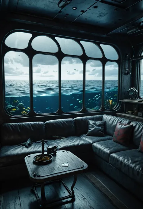 submarine, indoor, sofa, table, window, Ocean, 深Ocean, dark, mysterious, Metal interior, Cinematic, masterpiece, Very detailed, 8K, fish outside the window