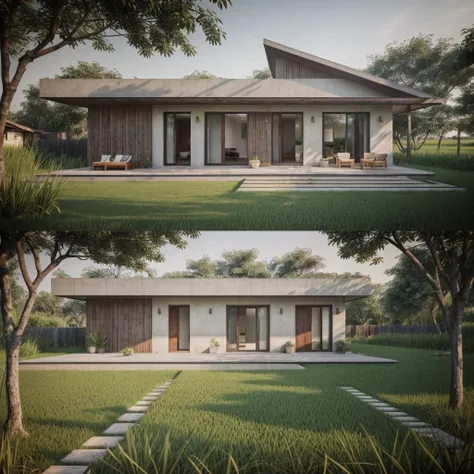 A photo of a modern cottage in rural Vietnam, minimalistic, The house is located on a rice field in the plains, wall concrete gray and wood, towards the dirt trail, plant and tree, sidewalks, sidewalk trees, corona render, 3ds max, wide view, sunny skies, ...