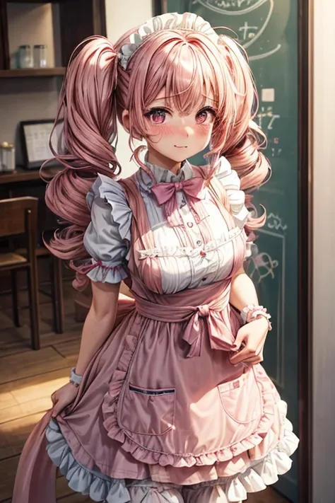 One girl,Cafe Waitress,Pink Hair,Twin tails,big tail,Curly Hair,Pink Lolita Maid,apron,Pink Eyes,blush,Embarrassed face,Girl with small,Small breasts,美しい,かわいい