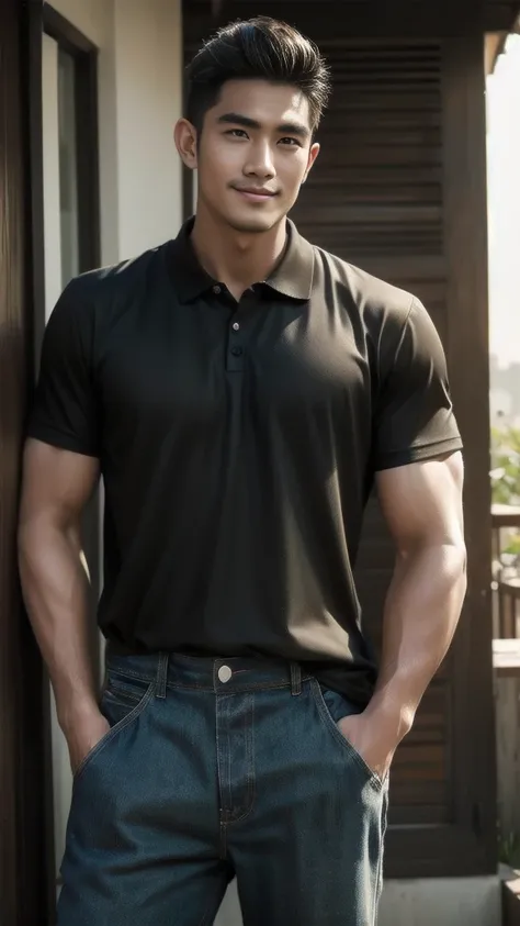 Natural light, realistic, Thai man, ทรงผมสั้น buzz cut, Handsome, muscular, big muscles, Broad shoulders, model,  Wearing a black polo shirt and jeans, he stood and smiled. , outdoor outside