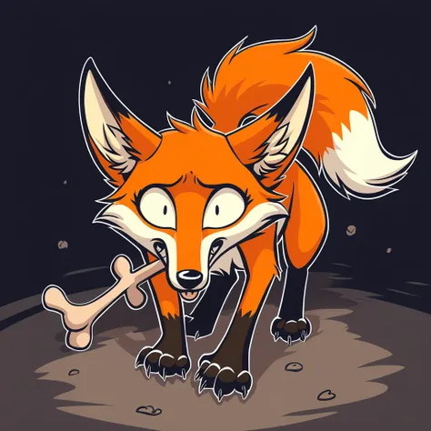 a fox licking a bone furiously in horror cartoon art style