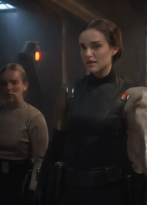 high resolution photo face close-up of p4dme woman sitting in a star wars cantina,looking at camera,black uniform,hair chignon,f...