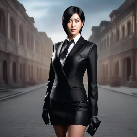 ultra-realistic extremely detailed real life 8k masterpiece of a gorgeous asian woman re ada wong wearing (((skirt suit))), (((t...