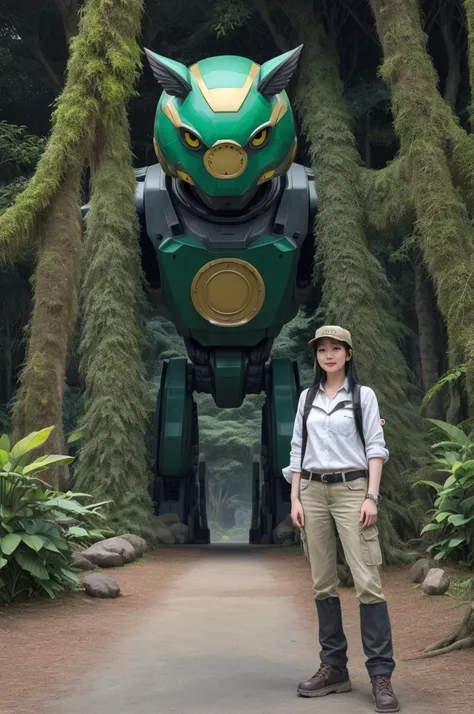 (In 8K、Highest quality、masterpiece:1.2)、(Realistic、Photorealistic:1.2)、Two people standing in front of a giant robot, Vacation Photos, At Disney, Ghibli Studio, Next to some exotic plants, himeji rivendell garden of eden, With two letters, With magical cre...