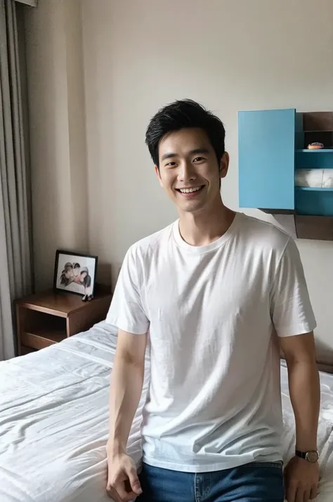 Korean man, Inspiration from Peng Yuyan, 30 years old, 236 years old, Cute Korean Face, 35 yo, 33 year old Korean muscular man，The bedroom is at the back. white t-shirt, open mouth smile