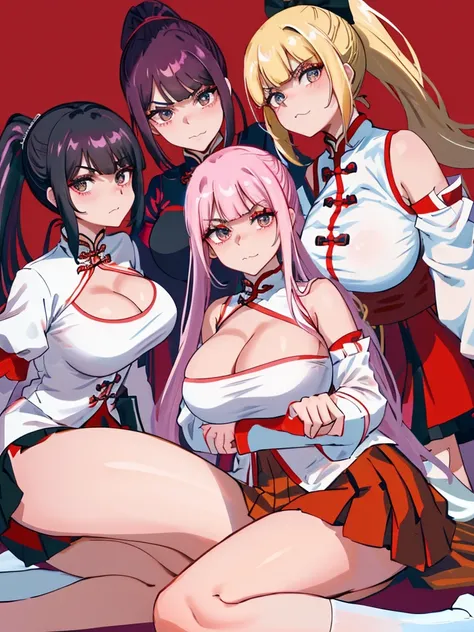 （（完美number，number，Bare shoulders，armor，Breastplate，White sleeves，Separate sleeves，Red Skirt，Pleated Skirt，White socks，Close-up of three national progressive women kneeling on the bed posing for photos，（Huge cleavage breasts：3.0），（Transparent shirt：1.2），（Op...