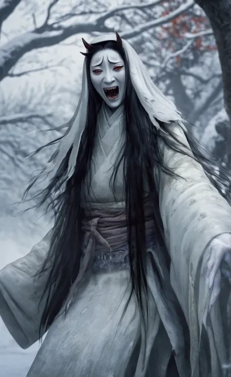 "A realistic depiction of Yuki-onna, a popular and terrifying Japanese yokai. She stands vertically in a snowy, dark forest with bare, twisted trees, wearing a traditional, tattered white kimono. Her long, black hair flows wildly down her back, contrasting...