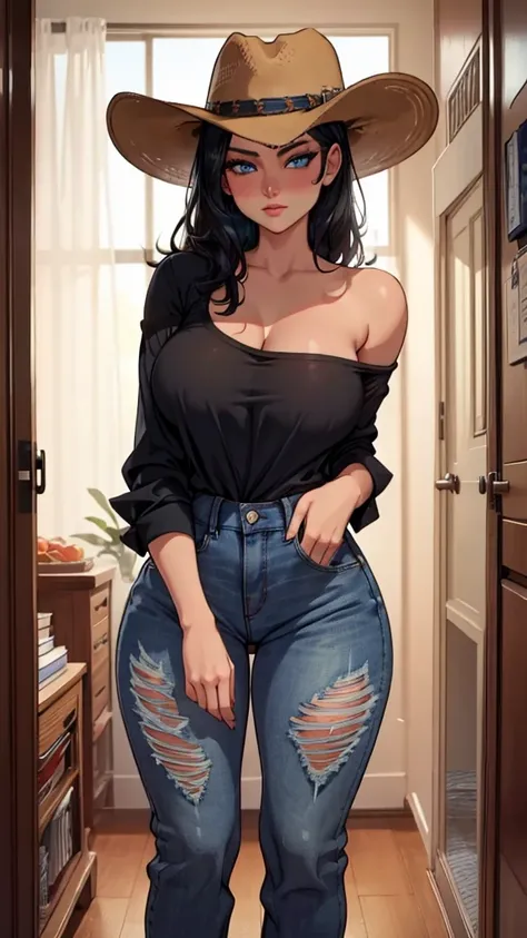 NSFW, Beautiful girl, 20 years old, deep black hair, blue eyes, plaid denim low-cut shirt tied at the waist, tight jeans, Cowboy hat.  The most beautiful woman in the world, busty