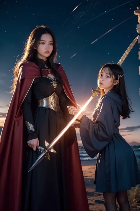 Two magical girls holding a sword，Look forward firmly，A witch in a huge cloak opened her hands above their heads.