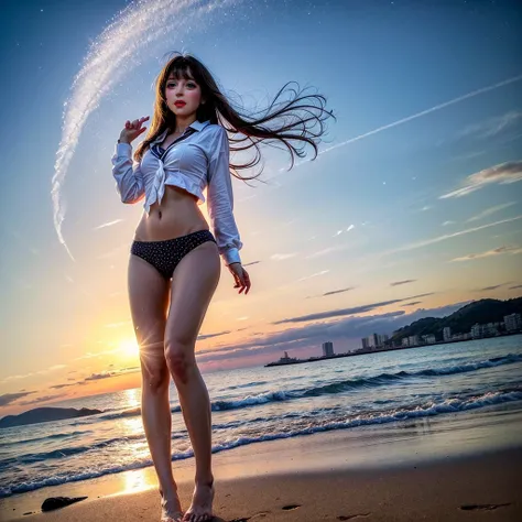 ManoErina, Masterpiece of ProfessionalPhoto ((ExtremelyDetailed (12 PICHIPICHI KAWAII Girls Floating in The Air in a row:1.37) in WHITE at Dusk Enoshima Beach)), {(Standing Full Body:1.2)|(from below:1.2)}, Different types of hair colors, {(skinny(SchoolSw...