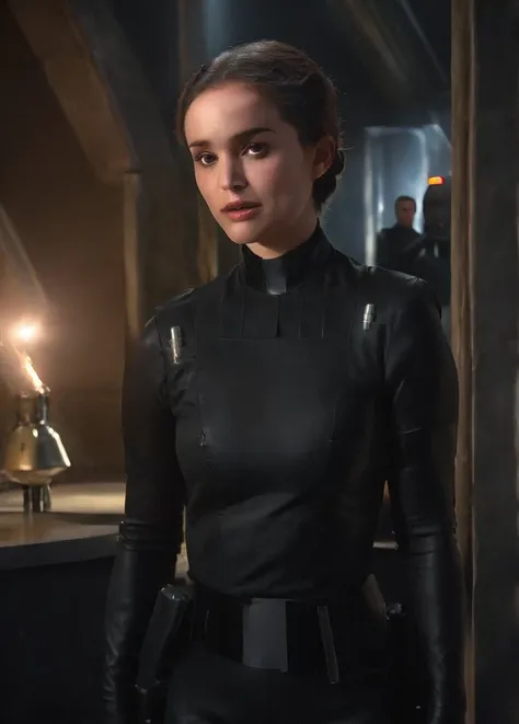 high resolution photo face close-up of p4dme woman sitting in a star wars cantina,looking at camera,black uniform,hair chignon,full body shot,depth of field,volumetric lighting,sunrise,(surreal dramatic lighting shadow)
