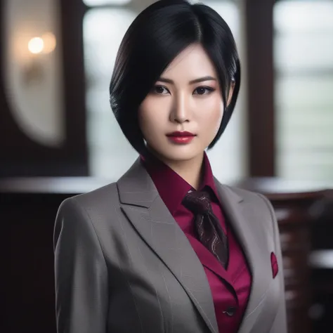 Ultra-realistic extremely detailed real life 8k masterpiece of a gorgeous asian woman re ada wong wearing (((skirt suit))), (((three-piece suit))), (((dress shirt))), (((necktie))), (((blazer))), (((black lapel))), (((suit jacket))), ((waistcoat)), double-...