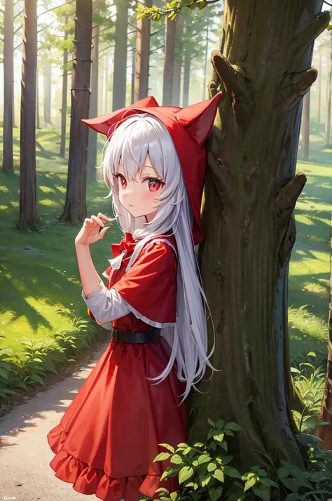 Little Red Riding Hood in a pine forest
