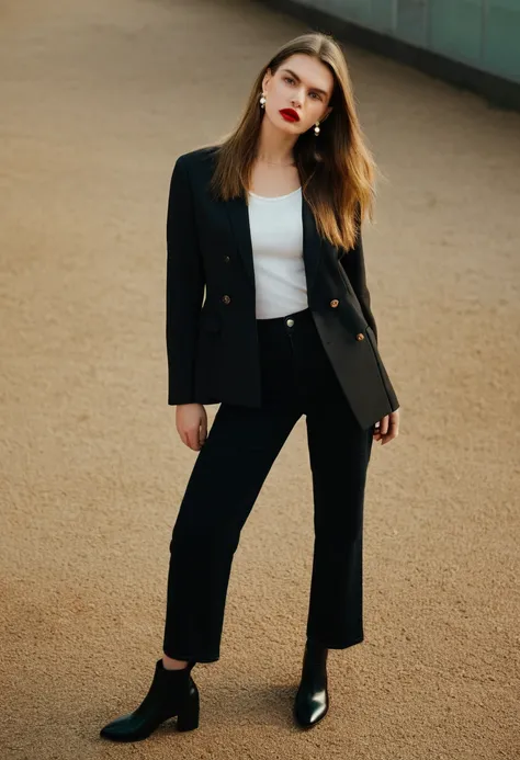 color digital photograph of Lucie Prochazka a woman from czech republic wearing (a black blazer), (a white t-shirt), (black skinny jeans), (black ankle boots), (pearl earrings), (red lipstick), and Slingbacks shoes shot on Nikon Z9 by Denis Karasev, 26 yea...