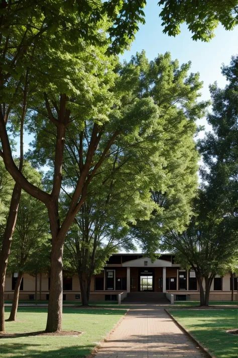 School with trees and many many students 