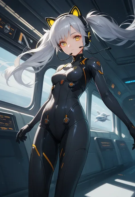 1girl, score_9, spacecraft interior, science fiction, yellow eyes, twintails, silver hair, cat ears, looking at viewer, headset,...