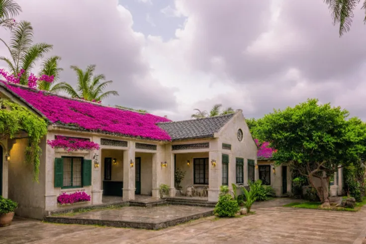 Raw photo,Masterpiece, high quality, best quality, authentic, super detail, exterior, outdoors, house style indochine, Many bougainvilleas along the road ,aiaigroup road,pavement, grass, trees, sky, cloud, (day:1.1), vivid colour