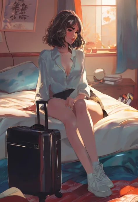 animado girl sitting on a bed with a suitcase in the background, the animado girl is crouching, female protagonist 👀 :8, beautiful animado girl squatting, de chicas de primera línea, seductive animado girl, female animado character, animado. iluminación su...