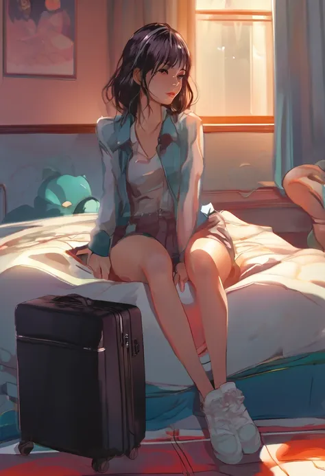 animado girl sitting on a bed with a suitcase in the background, the animado girl is crouching, female protagonist 👀 :8, beautif...