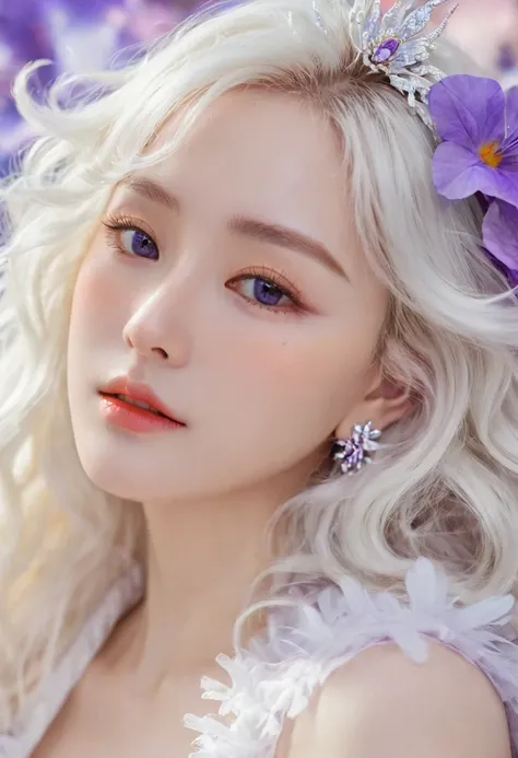 Masterpiece，Dazzling multicolored light，ultra detailed，A girl.，In the flowers，**** a sleeping princess，Earrings，White feather tulle，Long white eyelashes，Extra-long hair is slightly curly，White hair，(Hair takes up the entire frame)，a charming face，Glowing l...