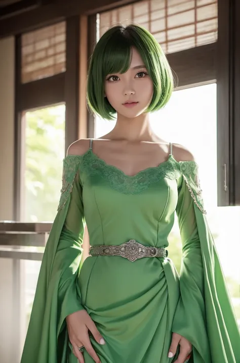 Normal belt for manguri-gaeshi、(beste-Qualit, 8K, 12), 1 girl, tatsumaki, Short Hair Hair, green hair, little chest, , the perfect body, ultra detail face, detailed lips, Slender Eyes, gown, stands, enticing, Excited, convex areolas, steam, From Bottom