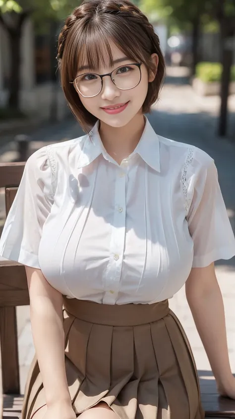 Highest quality, masterpiece, Ultra-high resolution, (Realistic:1.4), Beautiful woman, ((Big Breasts:1.3)), (((Short Bob))), (((Brown ash))), Beautiful Skin, Fine skin, 魅惑的なsmile, Background blur, smile, Hair over the ears, beautiful girl, Fair skin, Volup...