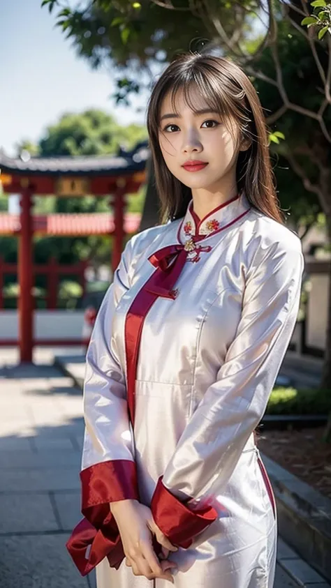 ((japanese woman wearing ao dai、19-year-old female、very cute woman))、in the city of vietnam、saigon、detailed face、perfect proport...