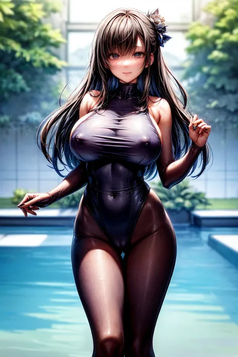 Highest quality、Detailed depiction、Large swimming pool、A large audience、One woman、25-year-old woman、(Big Breasts:1.5)、Full body competitive swimsuit、Wet skin、Show your back to the viewer、Looking up from below、The best smile、Beautiful face、Many layers of ey...