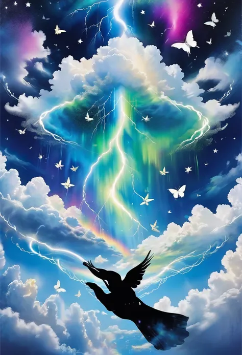 The chaos、clouds of thunder、cumulonimbus clouds、Star shine、Aurora、butterflys、spectrum floraiagy、(giant hand floating in the sky:1.8)、ripples in space and time 、 Stencil style、Art Poster、maximum quality、ultra-definition、