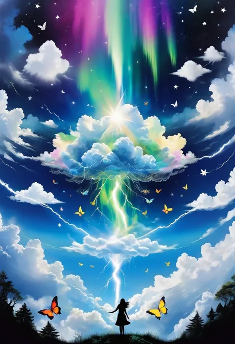 The chaos、clouds of thunder、cumulonimbus clouds、Star shine、Aurora、butterflys、spectrum floraiagy、(giant hand floating in the sky:1.8)、ripples in space and time 、 Stencil style、Art Poster、maximum quality、ultra-definition、