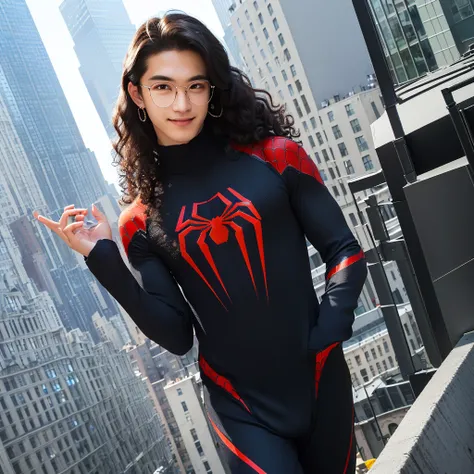 spider suit, spider web print, spider web, spider-man, Masterpiece, absurd, fine details, HDR, ((highly detailed face and eyes)), photorealistic,, focus on the eyes,, standing on the roof of a skyscraper, ((without mask)), looking at the viewer, smiling, b...