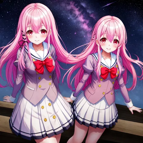 kisara，smile，best quality，8k，beautiful girls，cute uniform，blazer，cardigan，pink hair，highest quality，masterpiece，starry sky backg...