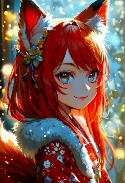 1girl with long red hair, amber eyes, fox ears, slender body, ,fox tail, red kimono, smiling, chibi style, simole background