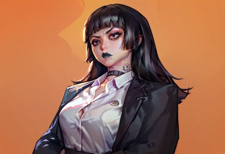 check_9, check_8_up, check_7_up, 1 girl, Simplified background, Asian, mafia business suit, , sunny, beautiful, Hime cut, frown, black lips, black eyes, Tattoos, multiple lightings
