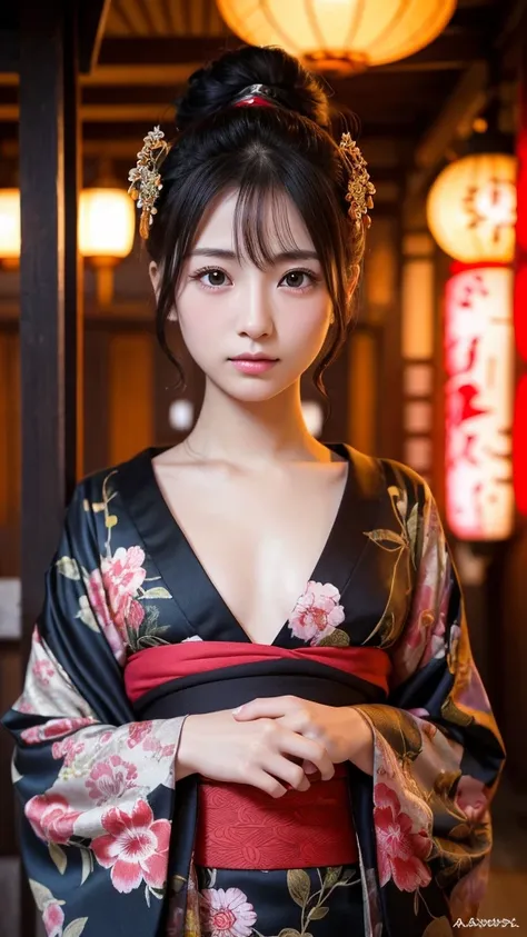 masterpiece,best quality,high resolution,8K,Realistic face,Realistic skin texture,magnified textures, 1 girl,Japanese girl, 22 years old,detailed eyes,Edo Period,Oiran、Prostitute、Fuchu、Post town、standing,black hair、 pale skin,(Sexy chest:1.2)、(from front)、...