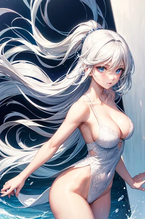 best quality, masterpiece,white hair, blue eyes, Upper Body,Gorgeous background,1 girl, flowing hair