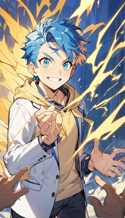 1Boy,matured,yellow and blue hair,yellow and blue eyes,,white open school blazer with logo,yellow hoodie inside,bright smile, holding lightning, standing , multiple fingers,badly drawn hands