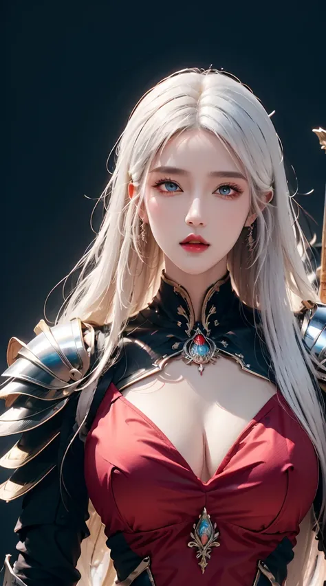 realisticlying, A high resolution, a 1 woman, shiny skins, Alone, jewely, redish pink lips, Long white hair, eBlue eyes, Keep your mouth shut, hip-up, Fantasy armor, holding a sword, Wearing heavy armor