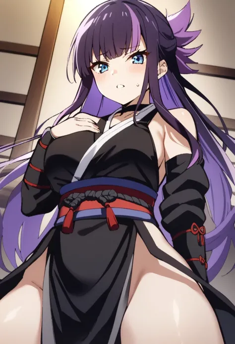 1girl, young samurai warrior, long hair, purple hair, blue eyes, multicolored hair, masterpiece, best quality,