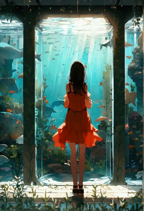 aquarium、A girl standing in front of a huge aquarium、Large single glass aquarium、Dimly lit interior、Quiet atmosphere、Girl looking up at a fish tank、There is a girl in the center、Angle of view from the rear、A tank much taller than the girl、Dolphin tank、A ve...