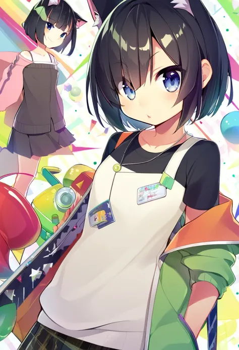 one girl, cat ears, black hair, naive, 10 years old, off shoulder, short hair, boyish, cool, girl looks like shota