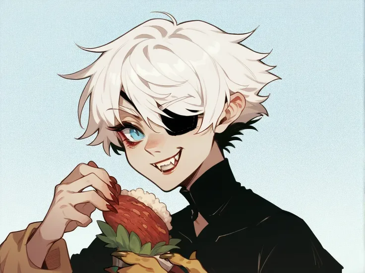 A young woman with white hair and red tips, a vampire, vampire canines, blue eyes, eye patch, short hair, female physique, Discord PfP, fantasy, vampire,long canines, rice teeth