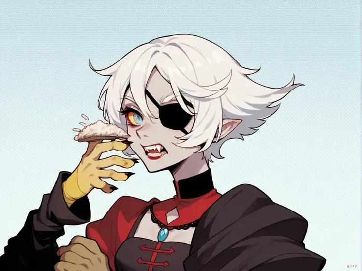 A young woman with white hair and red tips, a vampire, vampire canines, blue eyes, eye patch, short hair, female physique, Discord PfP, fantasy, vampire,long canines, rice teeth