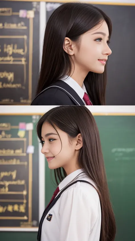 High School Uniform))、(Blackboard background)、Filmed in a school classroom、(School classroom with windows)、(8K、Live Shooting、Highest quality、masterpiece:1.2)、High-quality RAW color photos、Professional photos、(Genuine、フォトGenuine:1.37)、Photographed in natura...