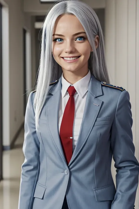 Screenshot Boku no Hero Academia, Women, beautiful, White hair, straight hair, slanted eyes, light blue eyes, shy expression smiling, saluting Uniform gray jacket and red tie, school hallway background, looking at the camera head on