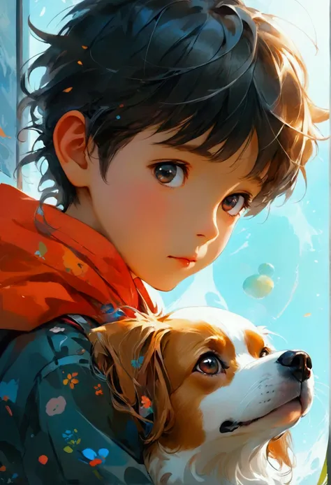 Dog and girl, cartoon illustration, Children&#39;s book illustrations, Pet animals, Single boy concept art, Cartoon Art, Futuristic, Anime Style, 4K, uhd, high quality, High resolution, 最high quality, Award-winning, uhd, masterpiece